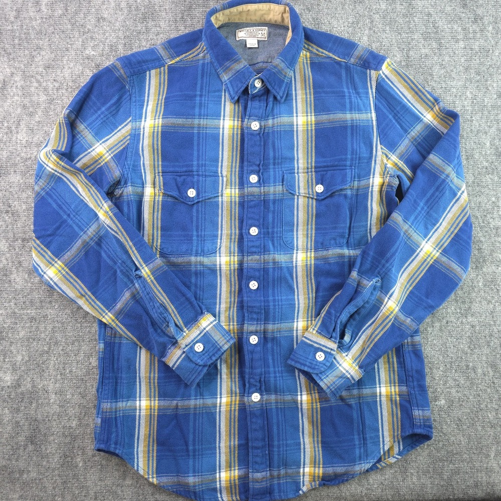 Wallace & Barnes Flannel Shirt Medium Blue Yellow Plaid Button Up Pockets Cotton
